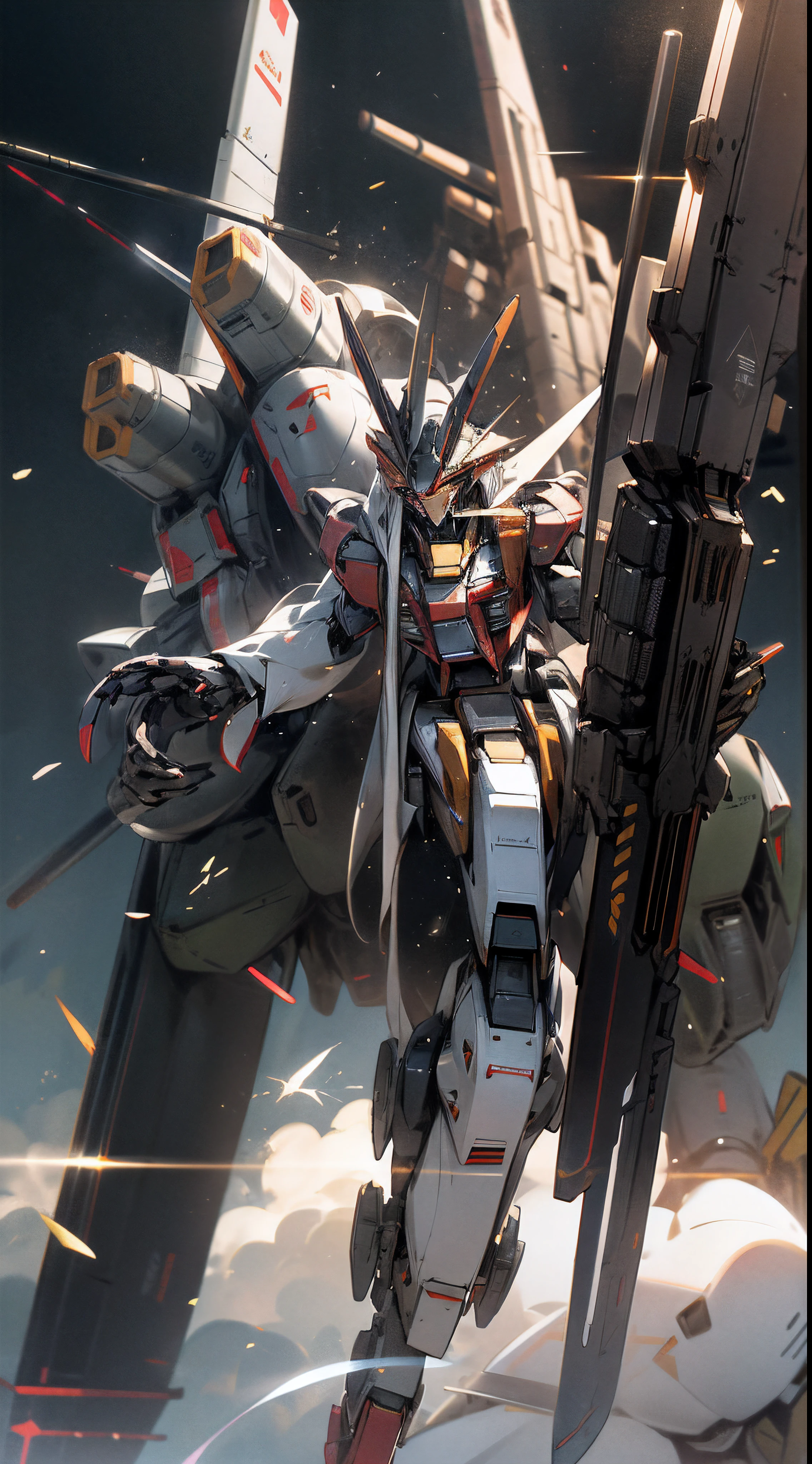 Surrealism, Ray Tracing, Photorealistic, UHD, High Detail, 32k, Best Quality, Textured Skin, Gundam Mecha, Flight, Funnel, Mecha Ship, Masterpiece, Best Quality, Mecha, Unmanned, (Full Body), (Black Mecha: 1.8), (Axisymmetric: 1.4), (HDR), (Movie Light: 1.1), White Eyes, Cool, Science Fiction, Fire, Universe, oversized shield, mecha man overlooking the background of the earth, with laser cannon beams, wars, conflicts, weapons in hand (has a huge weapon: 1.5),