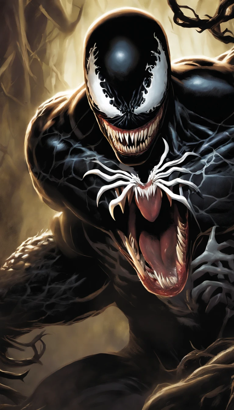 high-res, detailed portrait of Venom with striking, sharp focus, emphasizing the intense, glowing white eyes and intricately textured black symbiote suit, showcasing the menacing and aggressive nature of the character, with realistic, gritty details in the teeth, tongue, and mouth, capturing the essence of Venom's raw power and otherworldly presence, using studio lighting to create dramatic highlights and shadows, set against a dark, atmospheric background, with a touch of eerie greenish-purple color palette, evoking a sense of dark energy and supernatural aura, accompanied by a subtle, atmospheric lighting effect to enhance the overall mood and emphasize the menacing and monstrous qualities of Venom.