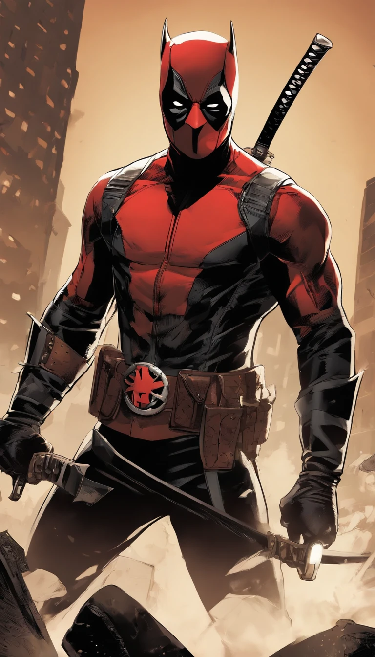 (a character:1.1,detailed face,comic style), (anti-hero,"merc with a mouth"), (red and black costume),(action pose:1.1), (katanas:1.1,two sharp katanas), (smirking face), (wade wilson), (masked vigilante), (humor), (dark humor), (brooding), (scars), (muscular physique),(chimichangas),(breaking the fourth wall),(cityscape background),(sharp lighting),(dynamic composition)