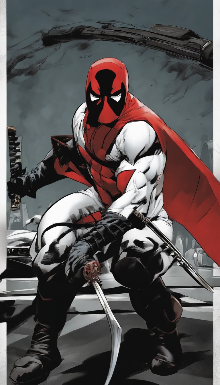 (a character:1.1,detailed face,comic style), (anti-hero,"merc with a mouth"), (red and black costume),(action pose:1.1), (katanas:1.1,two sharp katanas), (smirking face), (wade wilson), (masked vigilante), (humor), (dark humor), (brooding), (scars), (muscular physique),(chimichangas),(breaking the fourth wall),(cityscape background),(sharp lighting),(dynamic composition)