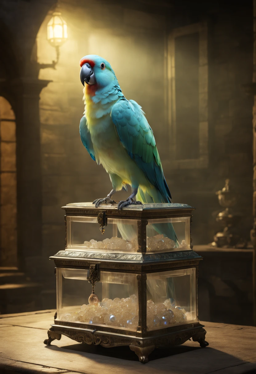 a (translucent ghost parrot bird:1.2) sitting on a jewels chest, medieval, at night, 8k, high quality, surreal,