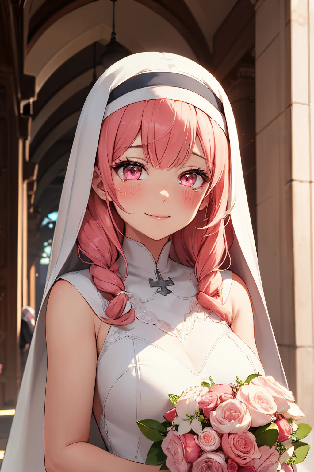 1girl, nun but wear wedding dress, saintles, long peach hair, bright pink eyes, portrait, happy expression, pink blush in cheek, glowing, sidelighting, adult, tears