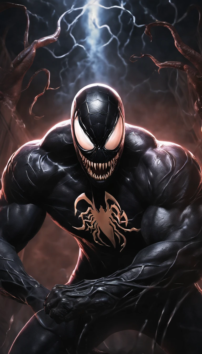 (best quality,4k,highres,masterpiece:1.2),ultra-detailed,realistic:1.37,portrait,dark,venom,Marvel hero,alien symbiote,black suit,sharp teeth,fierce expression,intense eyes,rippling muscles,DNA helix,spider-like veins,fluid motion,sinister aura,gooey substance,shadowy background,lit by moonlight,neon glow,ominous atmosphere,thrilling action,claws and tentacles,menacing pose,confident stance,explosive power,symbol of fear and power,evil grin,threatening presence,intricate details,textured surface,dynamic composition,dramatic lighting,emerge from darkness,comic book-inspired,gritty and raw,embody darkness and chaos,showcase duality of hero and villain,convey energy and power,create sense of anticipation and excitement.