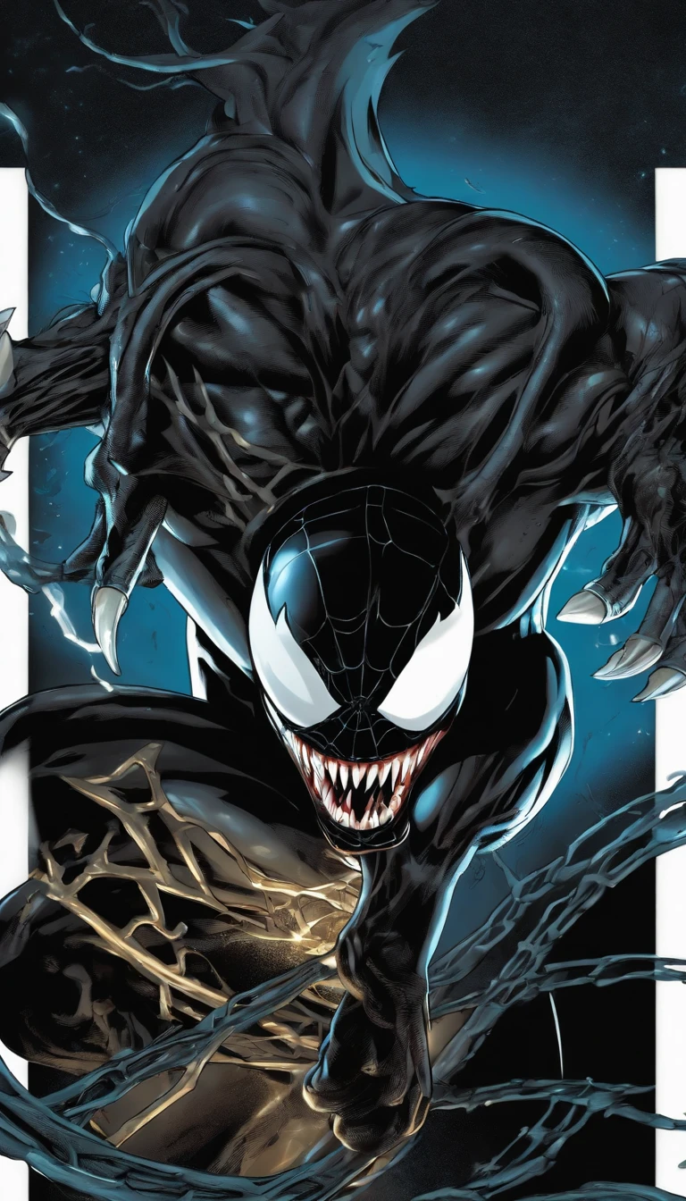 (best quality,4k,highres,masterpiece:1.2),ultra-detailed,realistic:1.37,portrait,dark,venom,Marvel hero,alien symbiote,black suit,sharp teeth,fierce expression,intense eyes,rippling muscles,DNA helix,spider-like veins,fluid motion,sinister aura,gooey substance,shadowy background,lit by moonlight,neon glow,ominous atmosphere,thrilling action,claws and tentacles,menacing pose,confident stance,explosive power,symbol of fear and power,evil grin,threatening presence,intricate details,textured surface,dynamic composition,dramatic lighting,emerge from darkness,comic book-inspired,gritty and raw,embody darkness and chaos,showcase duality of hero and villain,convey energy and power,create sense of anticipation and excitement.