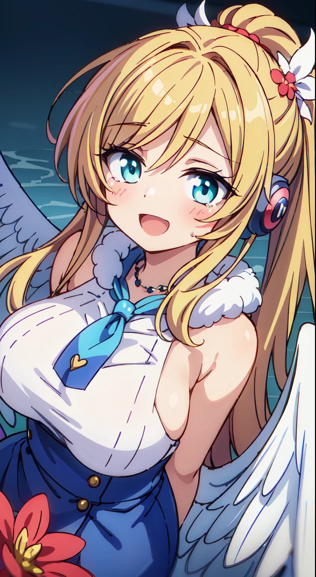 Japan Anime Styles 2019,Masterpieces,Best Quality,Ultimate detailed illustration,Red tone illustration, BREAK, 1 beautiful girl, 1 beautiful girl, girl with, (Cute:1.5),(Chibi:0.5),(kawaii:2.0),(Lori:2.0),(12 year old girl),(large full breasts:1.65),(Ahoge,High Ponytail,Blonde hair, blue bow, Green eyes,eyebrows visible through hair,side locks,Parted bangs,Long hair, Hair Flower, Hair Ornament, Curly hair,Bow:1.4),:D,(Angel,White feathers, one white winged, Angel wings,Spread wings, Glowing wings),pitt \(Kid Icarus\),gleaming skin, Clear skin, shining beautiful skin, Open mouth,Smile, Solo, tusk, Upper teeth,(long eyelashes, Double eyelids:1.2),Solo,gleaming skin, Clear skin, Beautiful skin,(best quality face),(Top quality glowing eyes),(The best smile,:D:1.45),
BREAK (Bartender attire,vests,neck tie,Pants) (very precise embroidery:1.3), (fluffy fur:1.3), (necklace made of countless gemstones:1.2), (high-heels:1.1),
BREAK
(Red flower ornament:1.2),
BREAK, A girl lying on her back on the sofa and crying with her arms over her eyes, broken heart, melancholy, sad, wearing headphones, listening to music, pastel colors,Backlighting,Waterfall,depth of fields, BREAK,(Blurry background:1.3),(absurderes, hight resolution, Super Detail Art),cel shading,Clear Color, Lonely optical effect, Beautiful pictures, Bright glow, mystic atmosphere,(Close-up of girl:1.1), Mystical light particle effect,manga influence, clean line drawings,