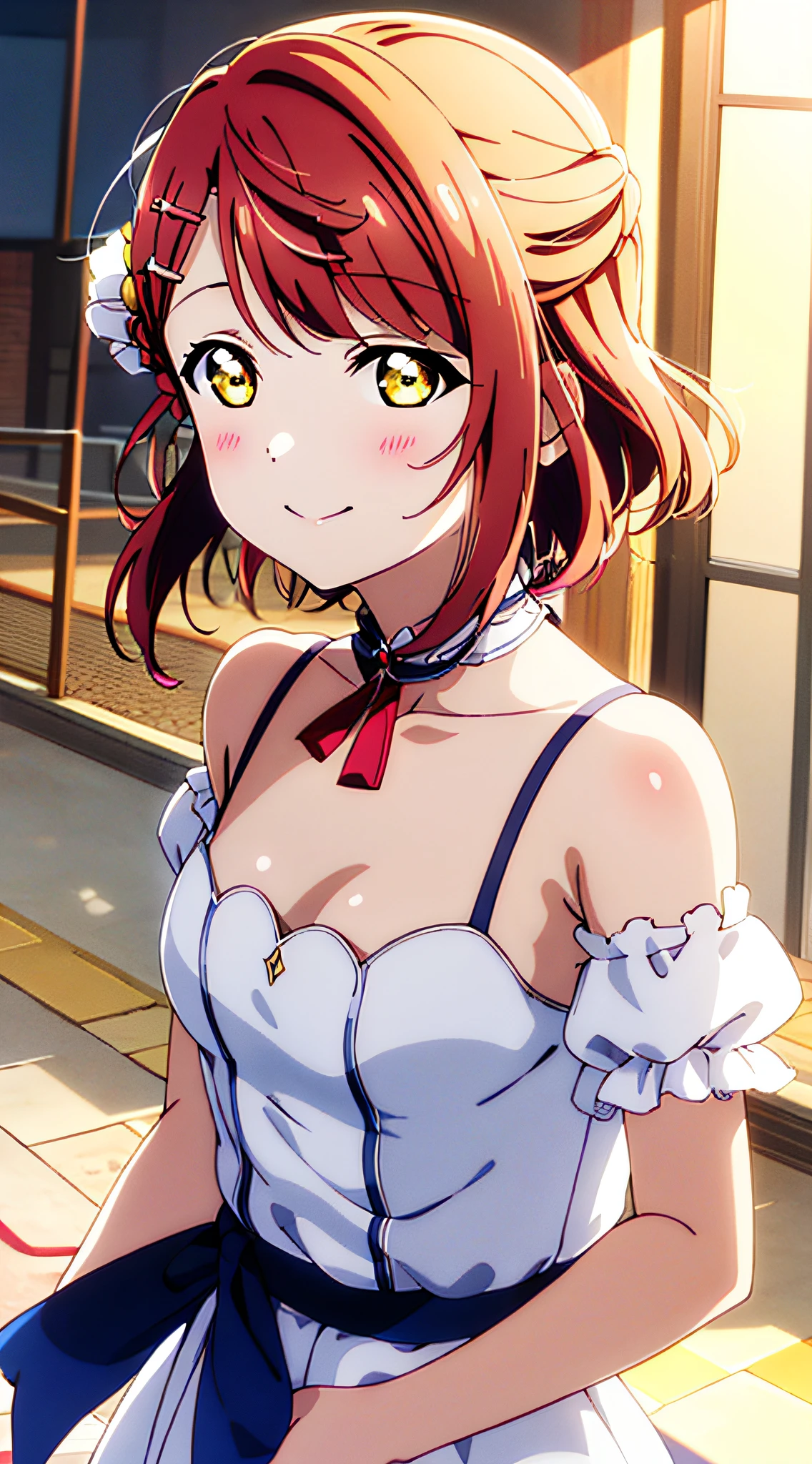 ((master piece, best quality)),high quality, ayumu uehara, 1girl, Anime-style color grading, bushiroad studio coloring style, yellow eyes, medium hair, (down hair), smilling, genshin impact