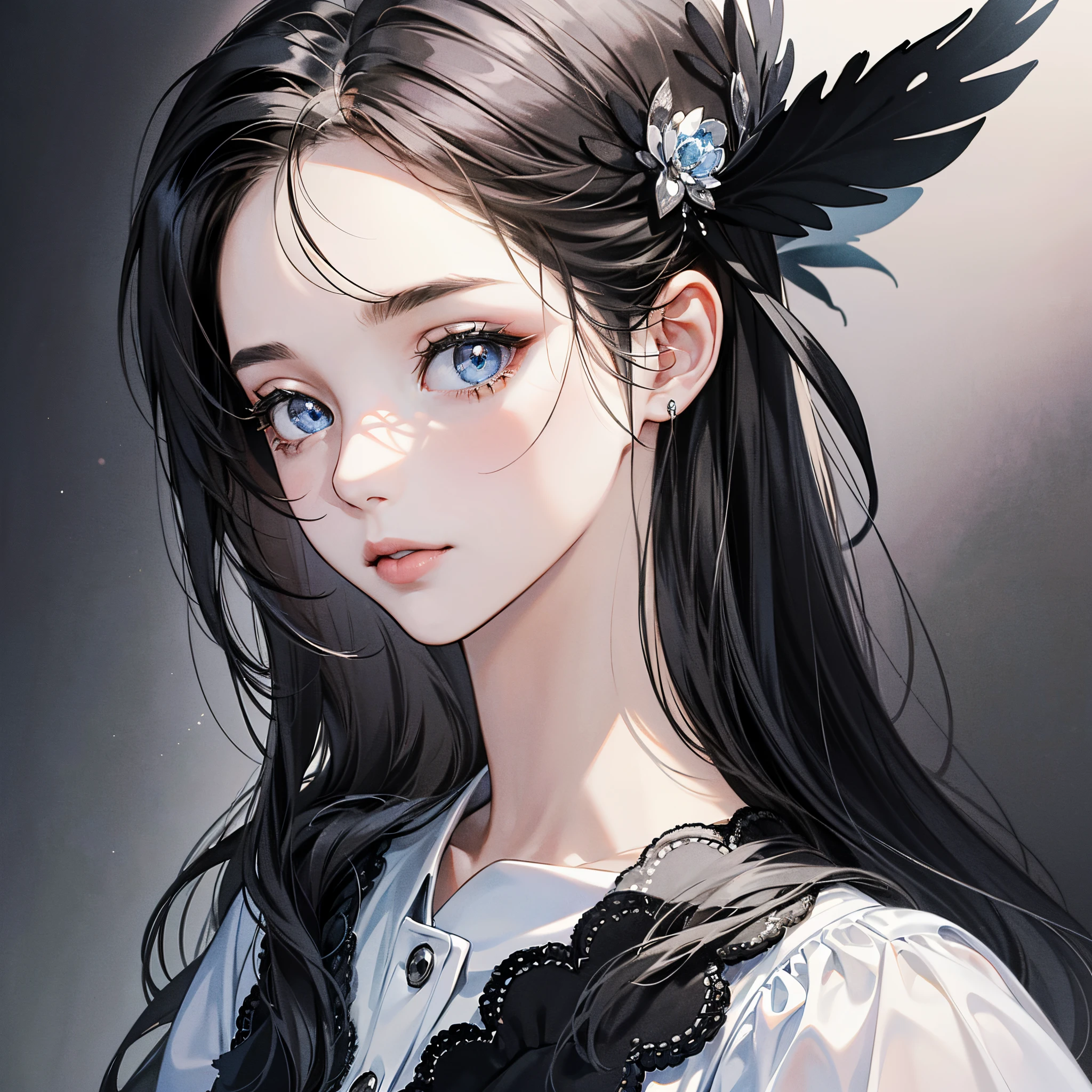 ((Masterpiece, Superb, Super Detailed, High Resolution)), solo, beautiful girl, sparkling eyes, perfect eyes, , black and white gold theme,