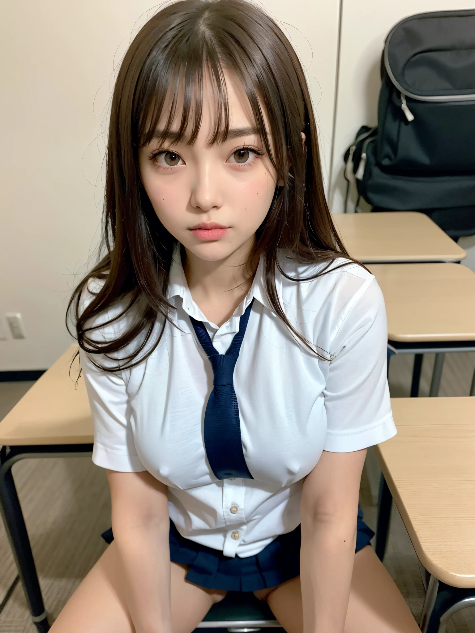 8K,Best Quality, masutepiece, ultra-detailliert, 超A high resolution, Photorealistic, Raw photo, absurderes, absolutely resolution, ((1girl solo)), Full body ,a Japanese young pretty woman, hyper cute face, Glamorous figure, Large breasts , Long bob hair , (School uniform :1.3), Straddle a chair and spread your legs, a desk ,Glossy lips, Double eyelids in both eyes, Natural makeup, long eyelashes, Glossy smooth light brown long bob hair, asymmetrical bangs, Shiny skin, central image, High resolution, high detailing, detailed hairstyle, Detailed face, spectacular movie lighting, Octane Rendering, Vibrant, Hyper realistic, Perfect limbs, Perfect Anatomy