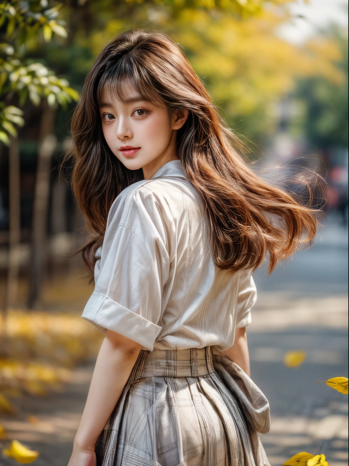 masterpiece、8K、32K、top-quality、(A detailed eye)、(A cute Japanese woman、bangss)、23years old、1 girl in、elegent、(Detailed background depiction、portlate:1.2)、(sailor shirt、plaid bustle skirt)、(yellow fallen leaves:1.2)、cowboy shot、ssmile