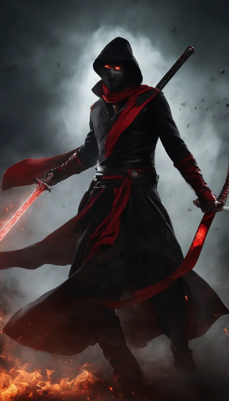 a rogueish anti-hero with a red and black costume,masked face and glowing eyes,twisted sense of humor,dual katana blades,regenerating powers,scars on his face and body,a mischievous smile,a smoky and chaotic background,fighting off villains with his swords,expressing his wild and reckless nature,extremely detailed and realistic rendering,dark tone and dramatic lighting.