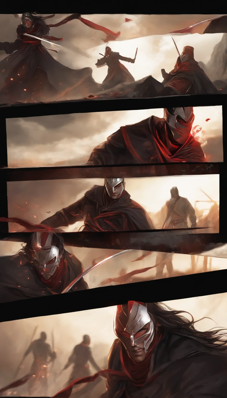 a rogueish anti-hero with a red and black costume,masked face and glowing eyes,twisted sense of humor,dual katana blades,regenerating powers,scars on his face and body,a mischievous smile,a smoky and chaotic background,fighting off villains with his swords,expressing his wild and reckless nature,extremely detailed and realistic rendering,dark tone and dramatic lighting.
