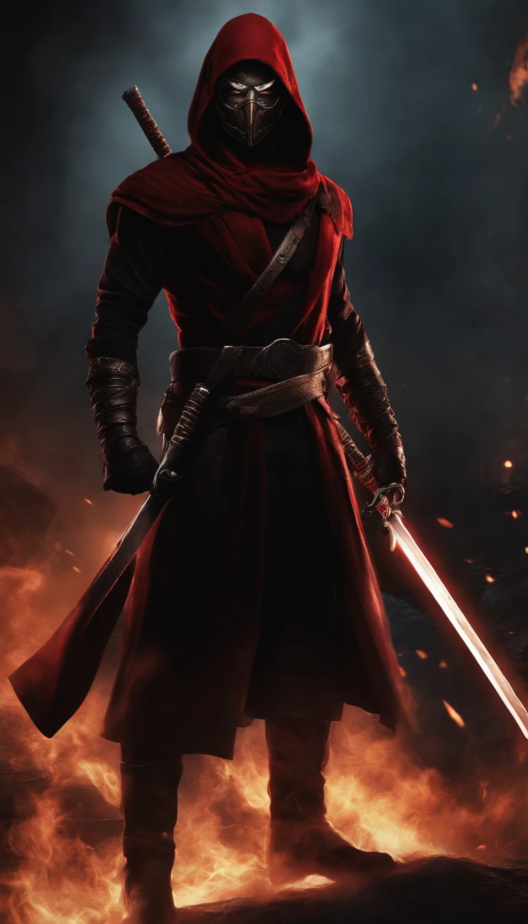 a rogueish anti-hero with a red and black costume,masked face and glowing eyes,twisted sense of humor,dual katana blades,regenerating powers,scars on his face and body,a mischievous smile,a smoky and chaotic background,fighting off villains with his swords,expressing his wild and reckless nature,extremely detailed and realistic rendering,dark tone and dramatic lighting.