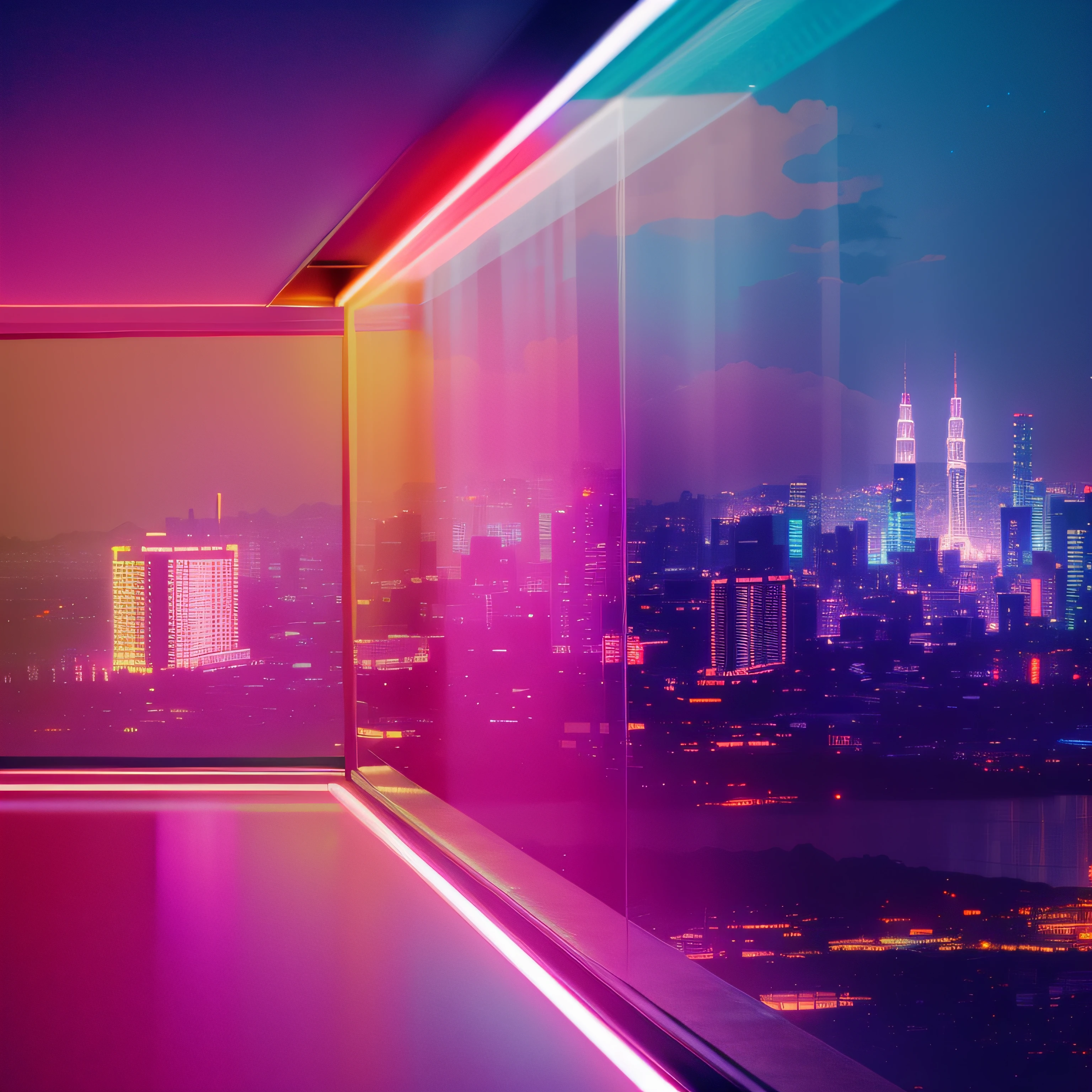 brightly lit cityscape seen through a window with a tokyo in the background, neon light rooftop, bright neon lights from the city, vibrant city lights