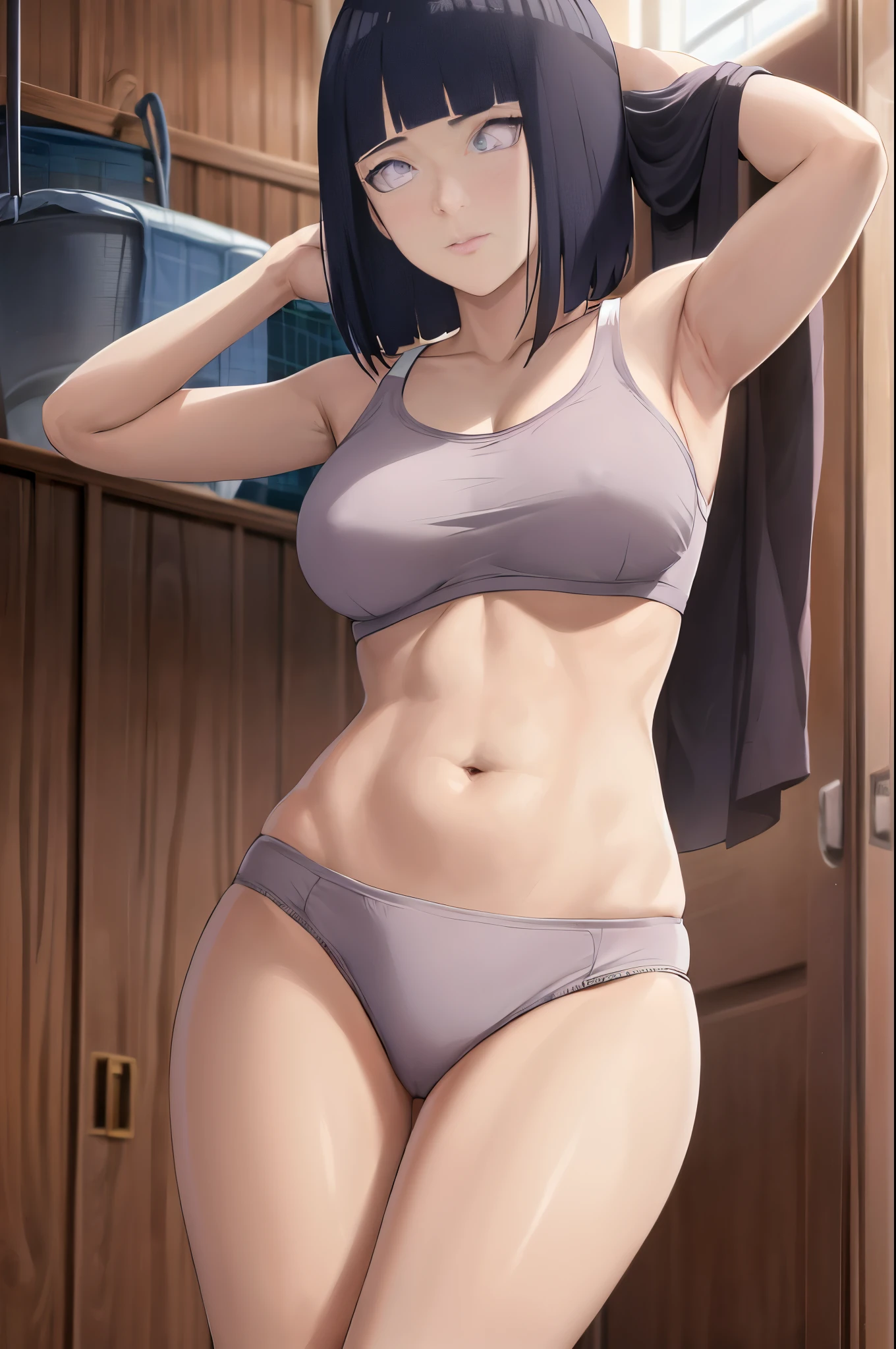 masterpiece, absurdres , (intricate details), (colorful),cinematic lighting,bust shot,extremely detailed CG unity 8k wallpaper ,hinata\(boruto\), 1girl, solo,mature female, arm up, looking at viewer, sports bra, locker room,cowboy shot,