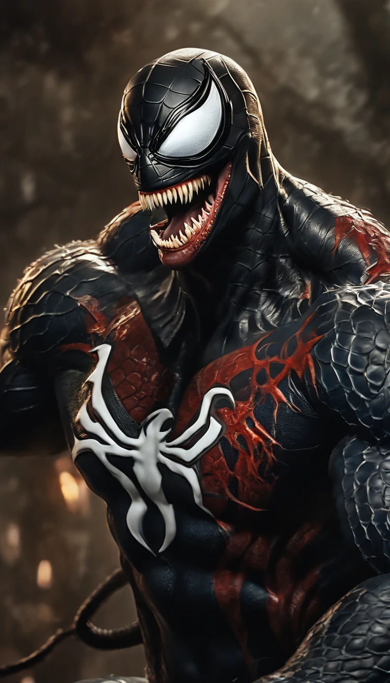 An intricate venom villian eating Harley Quinn's body, head first, , extremely detailed suit, micro-details, photorealism, one light, dark photo, deep shadows, shallow depth of field, photorealistic, Surrealism, high quality, masterpiece, 8k, 8k, super detail, full body portrait,  extremely muscular, black slime, sticky goo