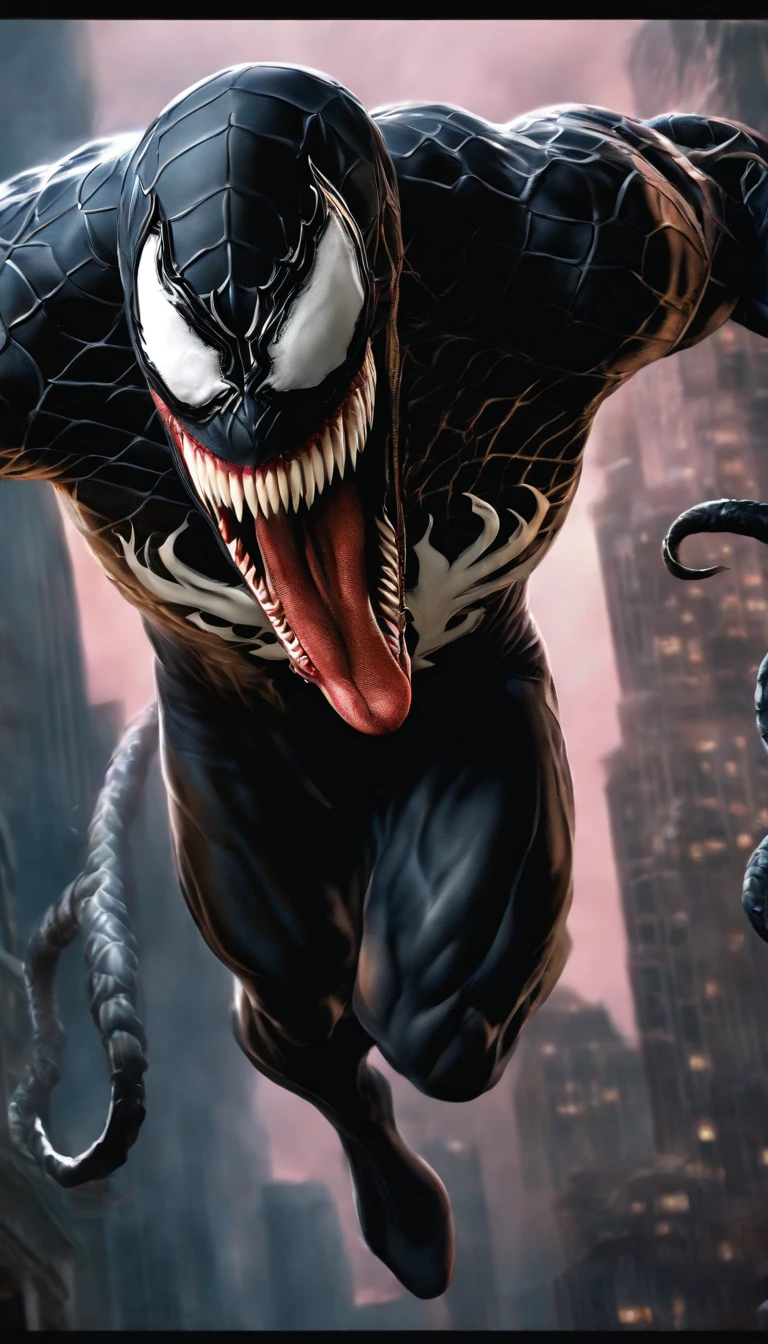 venom, symbiote, human pov, human on humanoid, male/female, vaginal, sex, black body, goo creature, dripping, sweat, wet, open mouth, sharp teeth, long tongue, breats, by oouna, by dagasi,  <lora:symbiote64d0c05180:1>, abs, city, sunset, pink nipples <lora:add_detail:0.7>