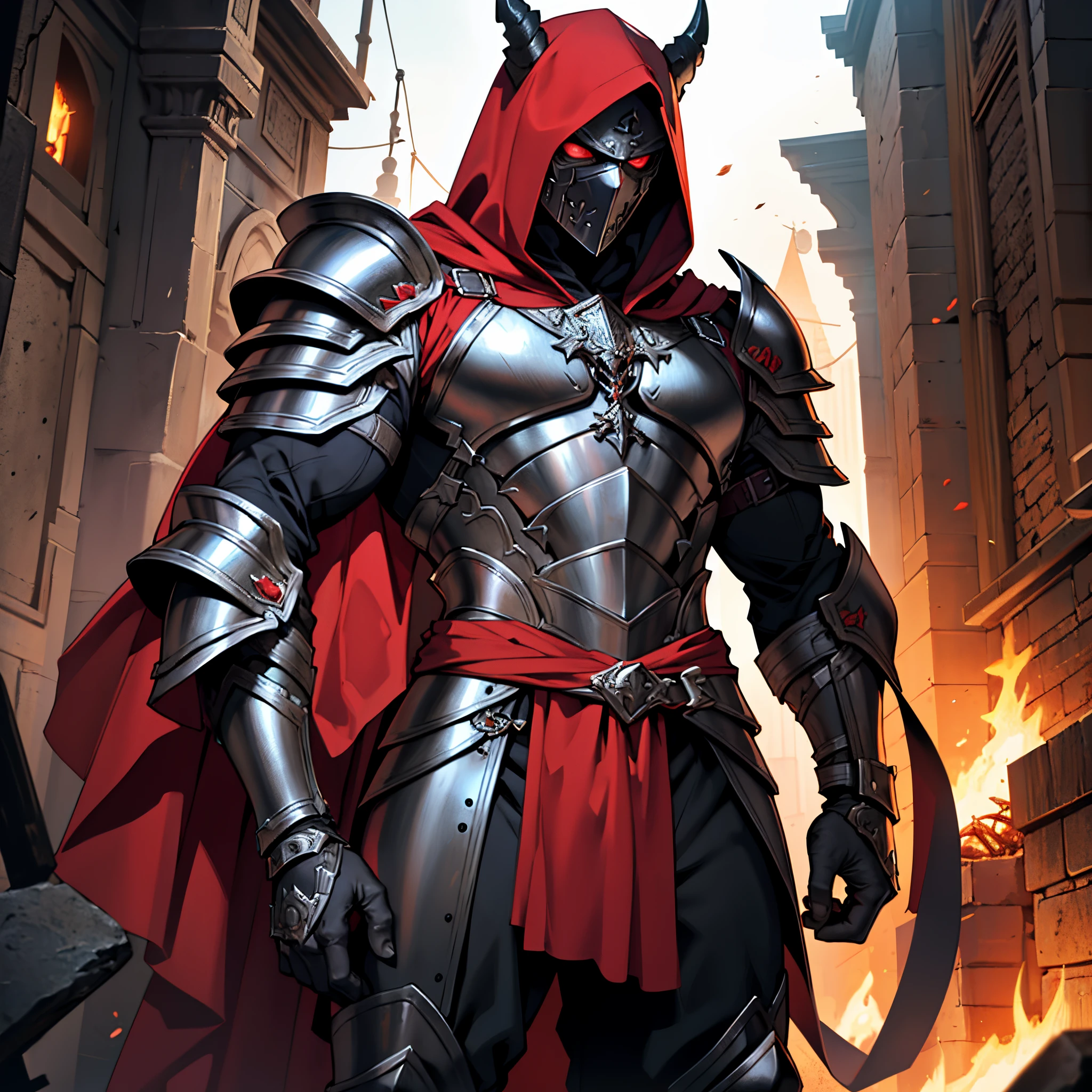 muscular male gladiator, Upper body black metal armor, black, devil mask, Intricate muscle details, Realistic works, Little Red Riding Hood, 4k resolution. Background with: A night when ancient Rome burns,32K UHD, Best Quality, Masterpiece, super detaill, high detailed