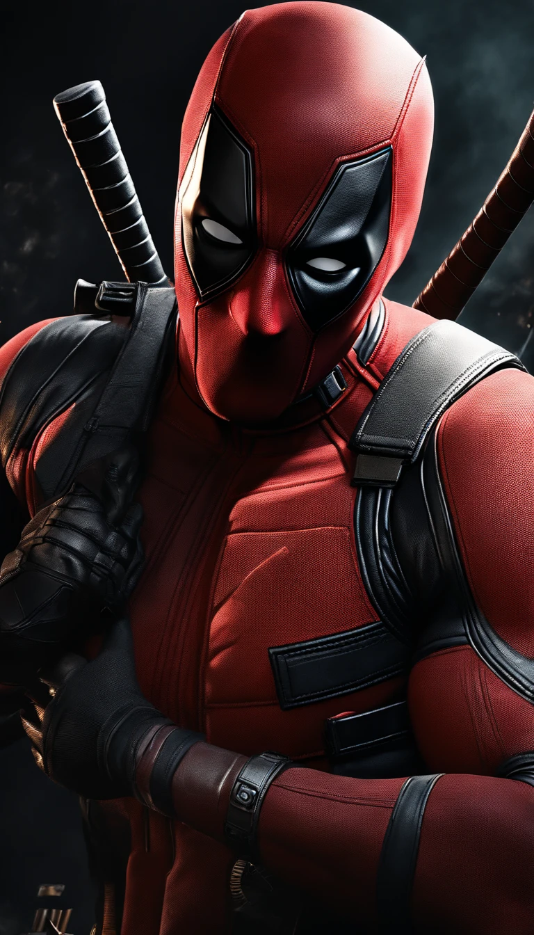 (best quality,4k,highres:1.2),ultra-detailed,(realistic,photorealistic:1.37),Deadpool,Marvel hero,extremely detailed eyes and face,longeyelashes,full-body shot,illustration,dynamic pose,[red and black costume],sharp focus,physically-based rendering,vivid colors,action-packed scene,high contrast lighting,comic book style.