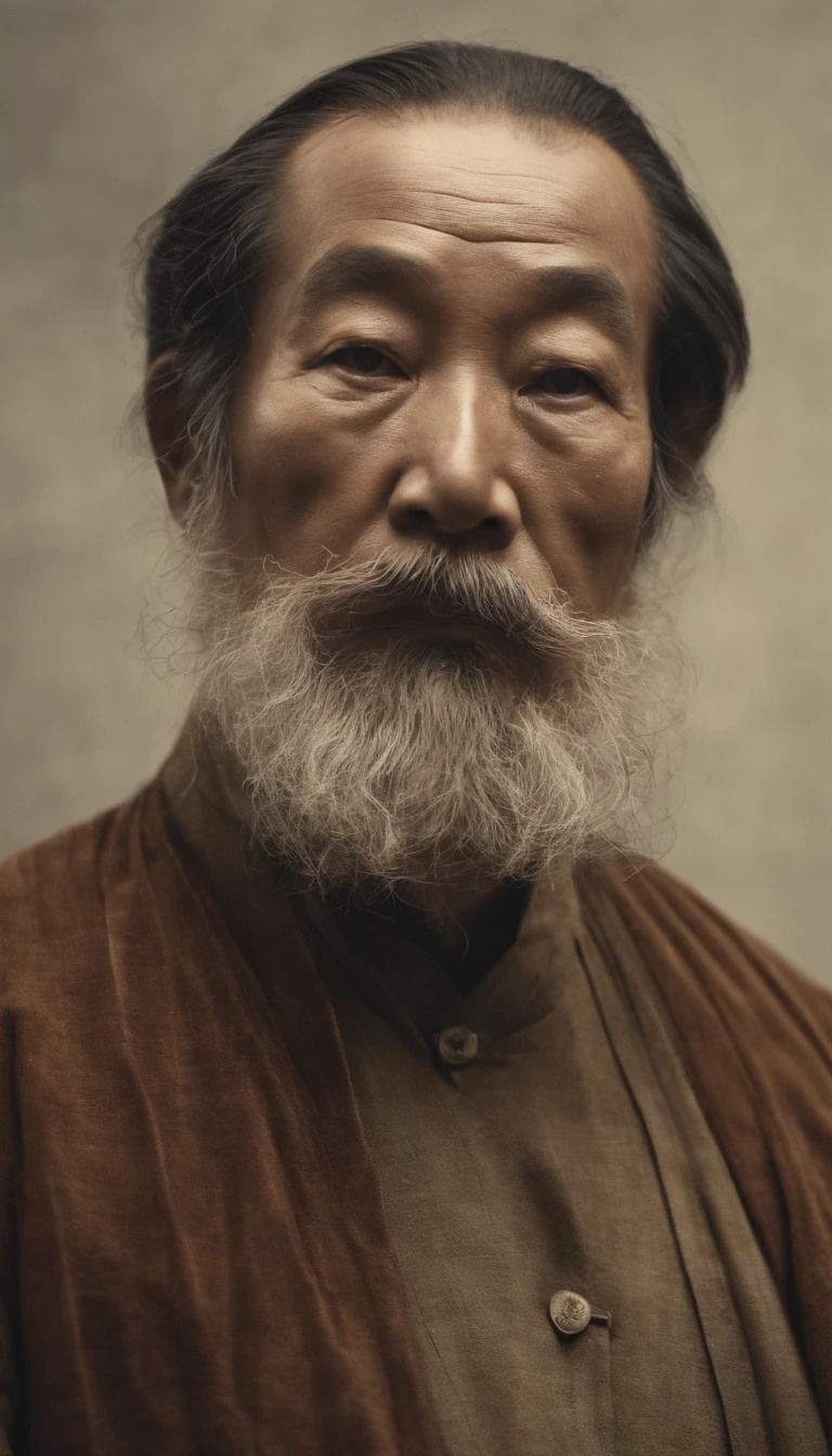 Portrait of fat old Chinese man（immortal）；largeeyes、二重まぶた、with a round face、Long beard、White hair、no headwear、Hair tied up；yellow clothing。solid color backdrop[[[paper texture 1.0]]];（close-up1.2），Audience visual inspection（facing at the camera）；真实感、hyper HD, retinas, tmasterpiece, Acura, Anatomically correct, Award-Awarded, high high quality, high detal, super detailing, ctextured skin, Best quality, A high resolution,k hd, 4K, 8K, 16k。