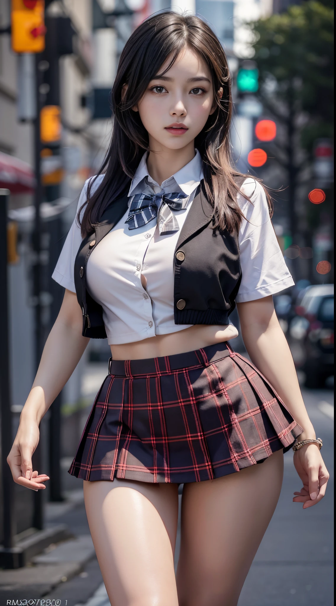 Best quality, masterpiece, ultra high res, (photorealistic:1.4), raw photo, (perfect body shape), (slim:1.2), dynamic pose, 1girl, (full figure:0.9), solo, big breasts, sagging breasts, school uniform, plaid mini skirt, in the dark, night, on the street, deep shadow, low key, cold light 12000K