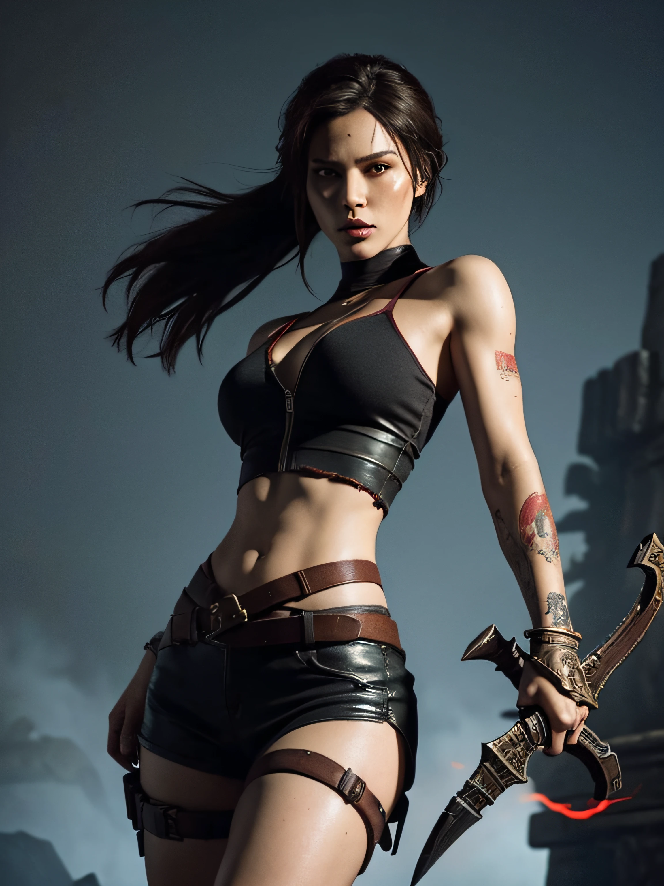 The Tomb Raider, illustration of a hearthstone style, Tomb Raider as the vampire hunter, wearing red and black gothic style, nuanced colors, pearlescent glow, very little contrast, vintage muted colors, center image, dynamic, highly detailed, perfect composition golden ratio, best quality, sharp focus, by With Design In Mind