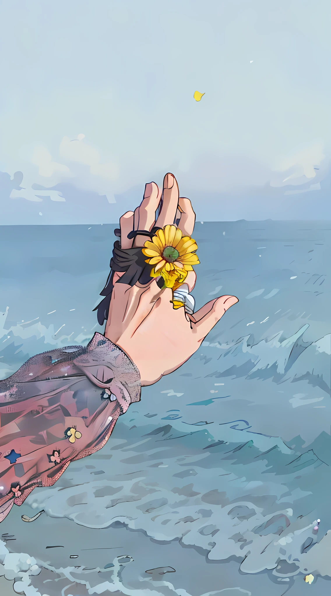someone holding a flower in their hand near the ocean, holding a flower, holding daisy, holding magic flowers, picking up a flower, hand photography, holding flowers, oceanside, point finger with ring on it, hands retouched, photo of a hand jewellery model, holding a 🛡 and an 🪓, of letting go, sits on a finger
