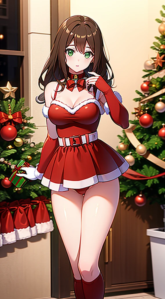 masterpiece, best quality, 1 solo girl, rosie brown hair, green eyes, long hair, wavy hair, Christmas ornaments, medium breasts, mature body and face, red christmas dress, christmas, christmas light, christmas tree, red gloves, red santa skirt, holding gift, red bra, red panty, leg up, cowboy shots, sexy pose, dakimakura, detailed body, face, and eyes, sharp focus, vibrant, creative, dynamic, high definition, high resolution, 8k, (Upscale: R-ESRGAN 4x+ Anime6B), (Image enchance:4x), voluptuous body