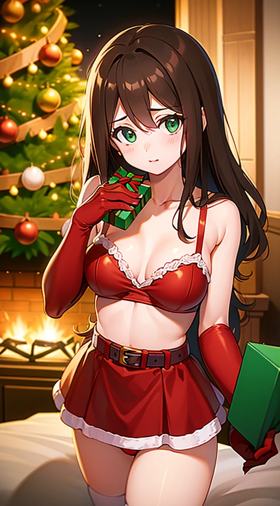 masterpiece, best quality, 1 solo girl, rosie brown hair, green eyes, long hair, wavy hair, Christmas ornaments, medium breasts, mature body and face, red christmas dress, christmas, christmas light, christmas tree, red gloves, red santa skirt, holding gift, red bra, red panty, leg up, cowboy shots, sexy pose, dakimakura, detailed body, face, and eyes, sharp focus, vibrant, creative, dynamic, high definition, high resolution, 8k, (Upscale: R-ESRGAN 4x+ Anime6B), (Image enchance:4x), voluptuous body