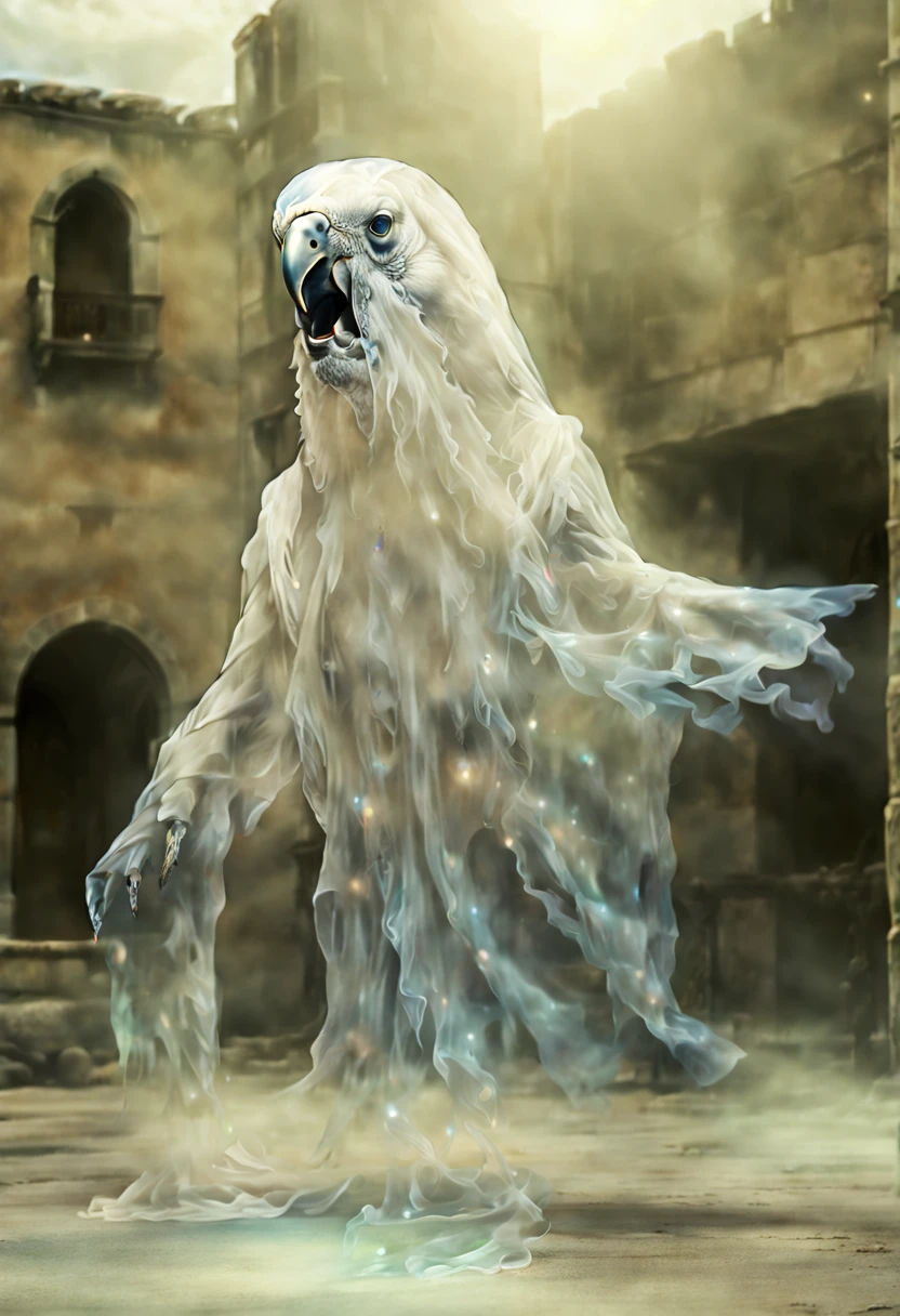 a hyperrealism photo of a ghost parrot (made out of ghost:1.9) sitting on a jewels chest, medieval, at night, 8k, high quality, surreal,