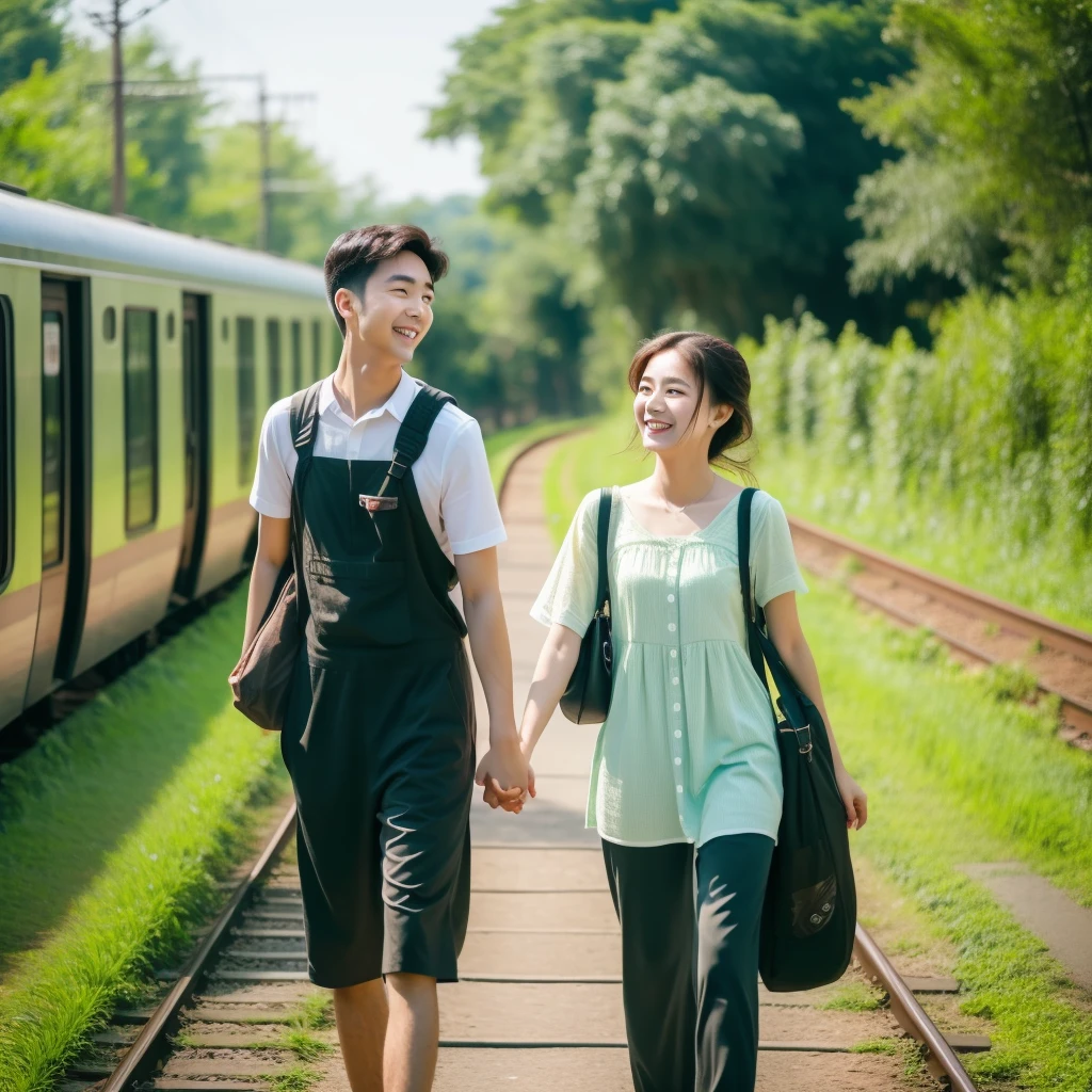 Cute couple stands at the train door , clear HD face, Happy, Beautiful weather , verdant, train running from forest road.