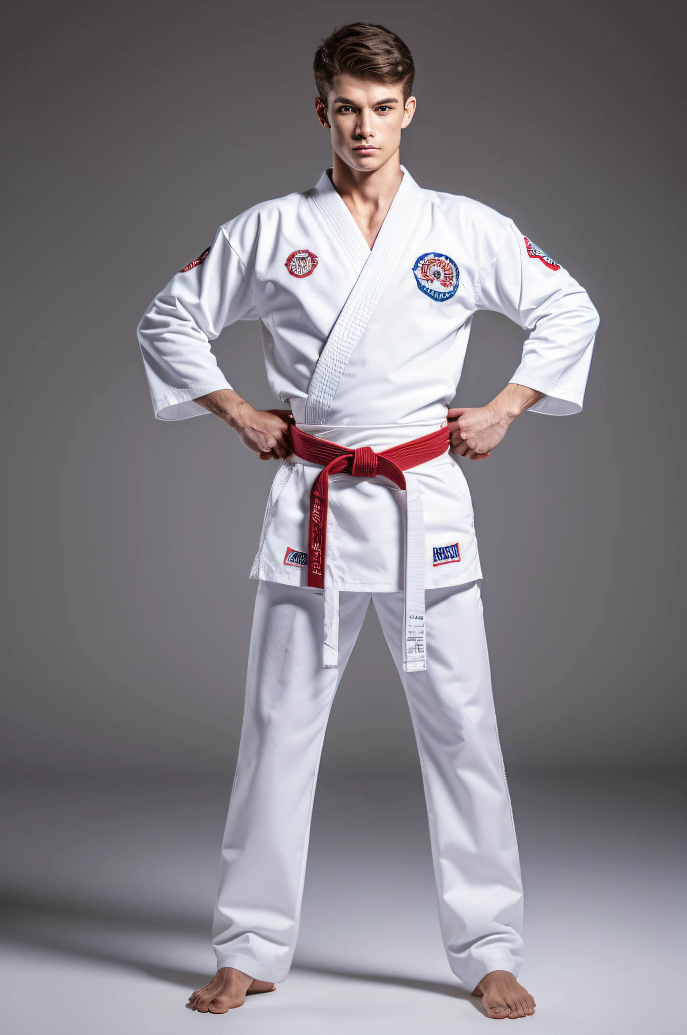 a picture, a handsome, 8k full body portrait of a man, A charming expression, shorth hair, musculature, clong legs, Muscular legs,, bare-legged, Detailed muscular physique, a picture, (masterpiece, top-quality, top-quality, Official art), Stick out your fist, Large and dynamic movements, Photorealistic depiction,20yr old, Toned waist, White Karate Uniform, Karate Belt, White karate pants, Accurate depiction of details, Perfect skeleton, Look straight at your audience, sharp gaze