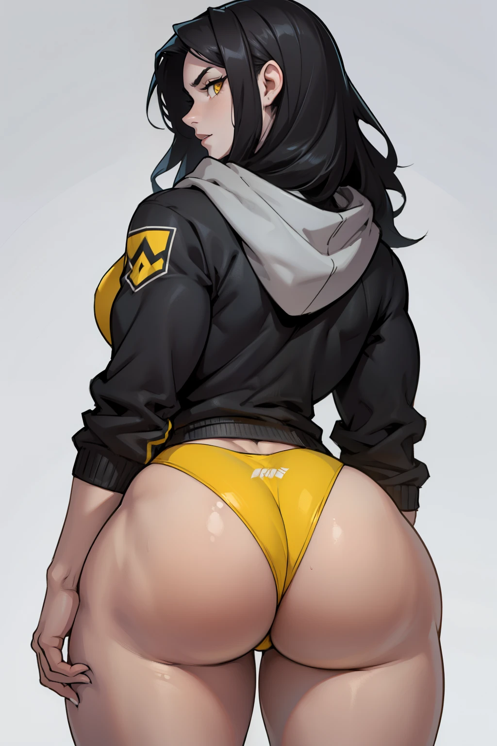 girl ((1girl)) pale skin (muscular) ((huge ass)) toned body thick thighs black hair yellow eyes long hair (grey background) bodybuilder hoodie (from behind)