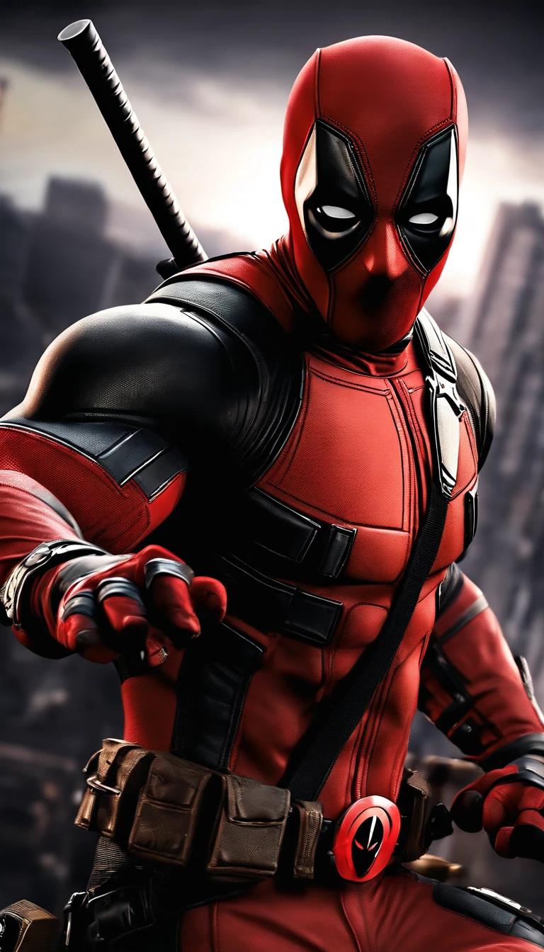 (best quality,4k,highres:1.2),ultra-detailed,(realistic,photorealistic:1.37),Deadpool,Marvel hero,extremely detailed eyes and face,longeyelashes,full-body shot,illustration,dynamic pose,[red and black costume],sharp focus,physically-based rendering,vivid colors,action-packed scene,high contrast lighting,comic book style.