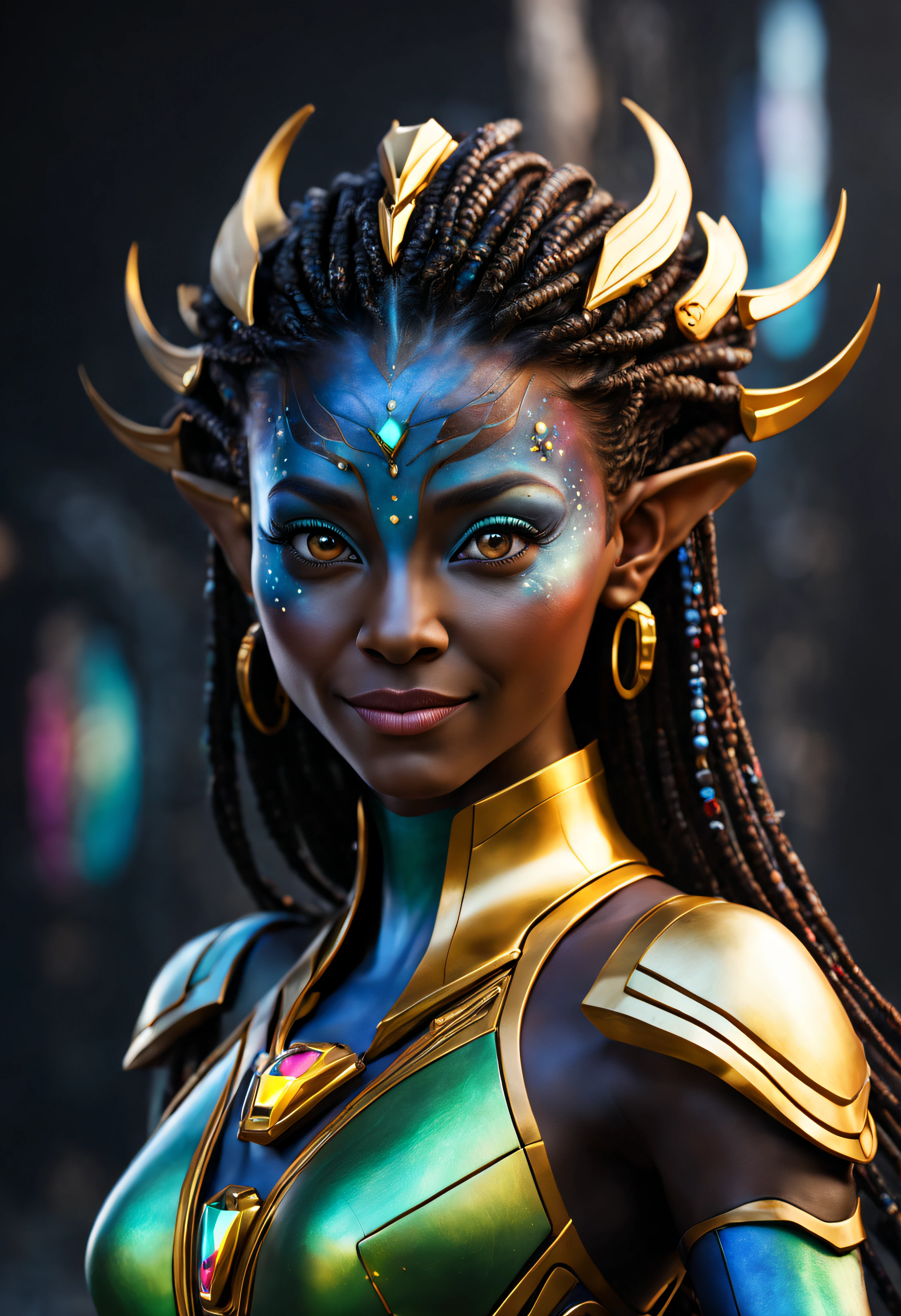 (naytiri de avatar), pelo negro largo enrizado, considerada como una de las razas mas bellas de la galaxia, con una cara, ojos verdes y labios sensuales, con vestido de noche , con incrustaciones de plata, piedras preciosas y diamantes, (se encuentra en centro de control de estacion espacial). hiperrealista, imagen nitida, 8k. imagen cinematografica.