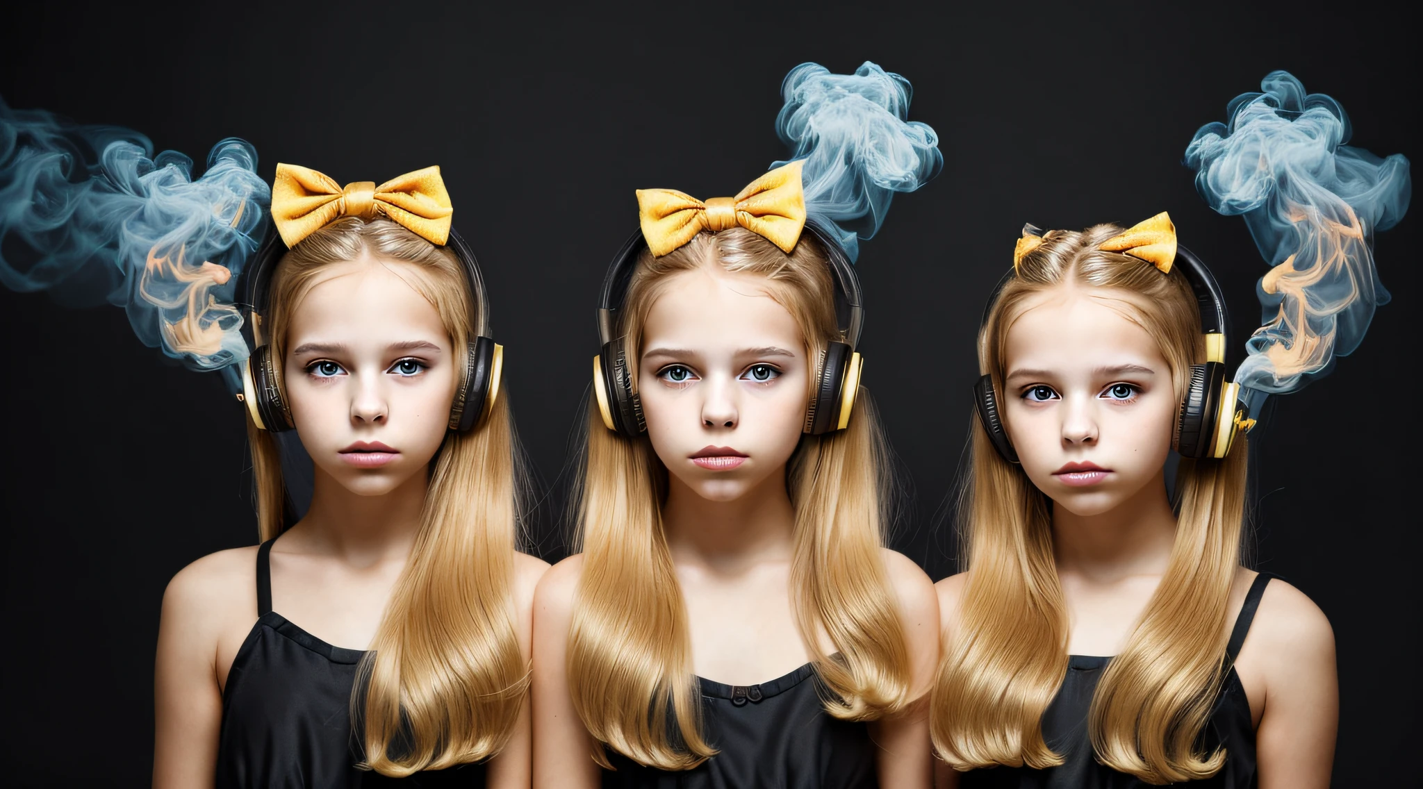 two BLONDE girls with bows on their heads and one wearing a BLACK dress, HEADPHONES FIRE AND FIRE. smoke billowing, gemini twins portrait, faixa de cabelo AMARELO,