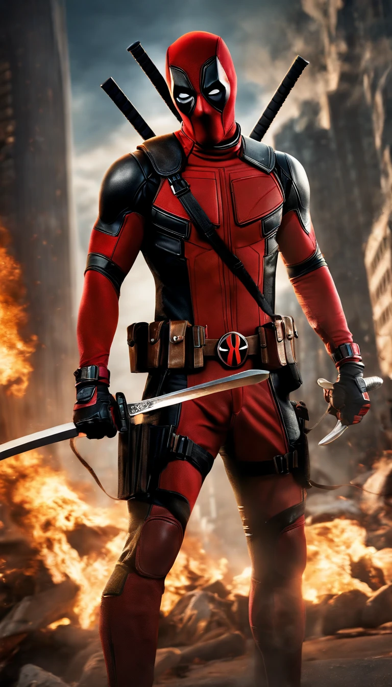 (best quality,4k,8k,highres,masterpiece:1.2),ultra-detailed,(realistic,photorealistic,photo-realistic:1.37),Deadpool,Marvel superhero,full body shot,detailed facial features,long eyelashes,tight-fitting costume,confident expression,action pose,urban background,bold colors,high contrast,studio lighting,comic book style,gritty texture,sharp focus,fierce eyes,masked face,weapon in hand,flaming sword,explosions in the background,forceful stance,character stance,body muscles emphasized,extreme detail description,heroic proportions,stylized illustration.