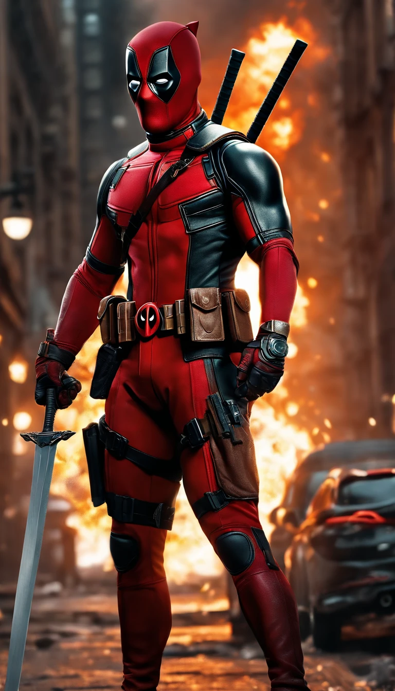 (best quality,4k,8k,highres,masterpiece:1.2),ultra-detailed,(realistic,photorealistic,photo-realistic:1.37),Deadpool,Marvel superhero,full body shot,detailed facial features,long eyelashes,tight-fitting costume,confident expression,action pose,urban background,bold colors,high contrast,studio lighting,comic book style,gritty texture,sharp focus,fierce eyes,masked face,weapon in hand,flaming sword,explosions in the background,forceful stance,character stance,body muscles emphasized,extreme detail description,heroic proportions,stylized illustration.