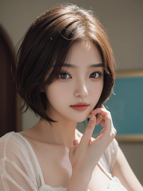 ​masterpiece、The highest image quality、hightquality、Beautuful Women、japanes、Popular Korean Makeup、detaileds、Swollen eyes、A detailed eye、Detailed skin、Beautiful skins、超A high resolution、(Realistis:1.4)、very extremely beautiful、Slightly younger face、Beautiful skins、thin-waist、(A hyper-realistic)、(illustratio)、(hight resolution)、(8K)、(ighly detailed)(The best illustrations)、(beautifully detailed eyes)、(ultra-detailliert)、(wall-paper)、(详细的脸)、looking at the viewers、fine detailed、 A detailed face、pureerosfaceace_v1、A smile、Looking straight ahead、photos realistic、Bright lighting、profetional lighting、Colorful Hair Color、(((very_Short_hair)))、brightly lit room、Painterly、picture frame