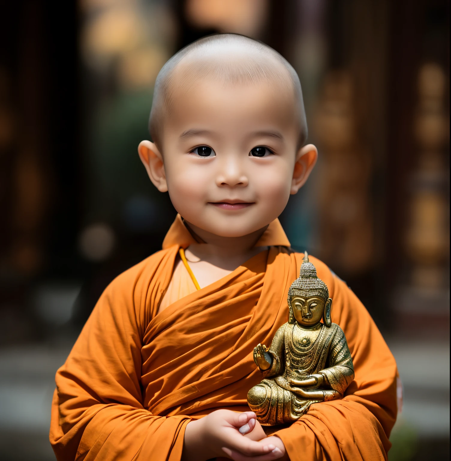 smiling baby with orange robe and a buddha statue in the background, buddhist, buddhism, monk, wide grin, serene smile, buddhist monk, big smile, with a happy expression, funny, innocent smile, happy expression, small wide smile, cute smiling face, smiling expression, happy and smiling, happy face, wide smile, smiling, he is very happy, cheeky smile