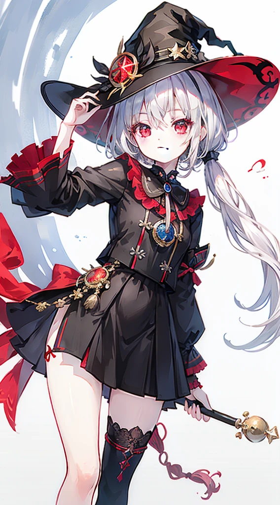 ​masterpiece,(top-quality),(1girl in) ,独奏,Witch Girl、White hair、Red Eyes、Smiling、a miniskirt