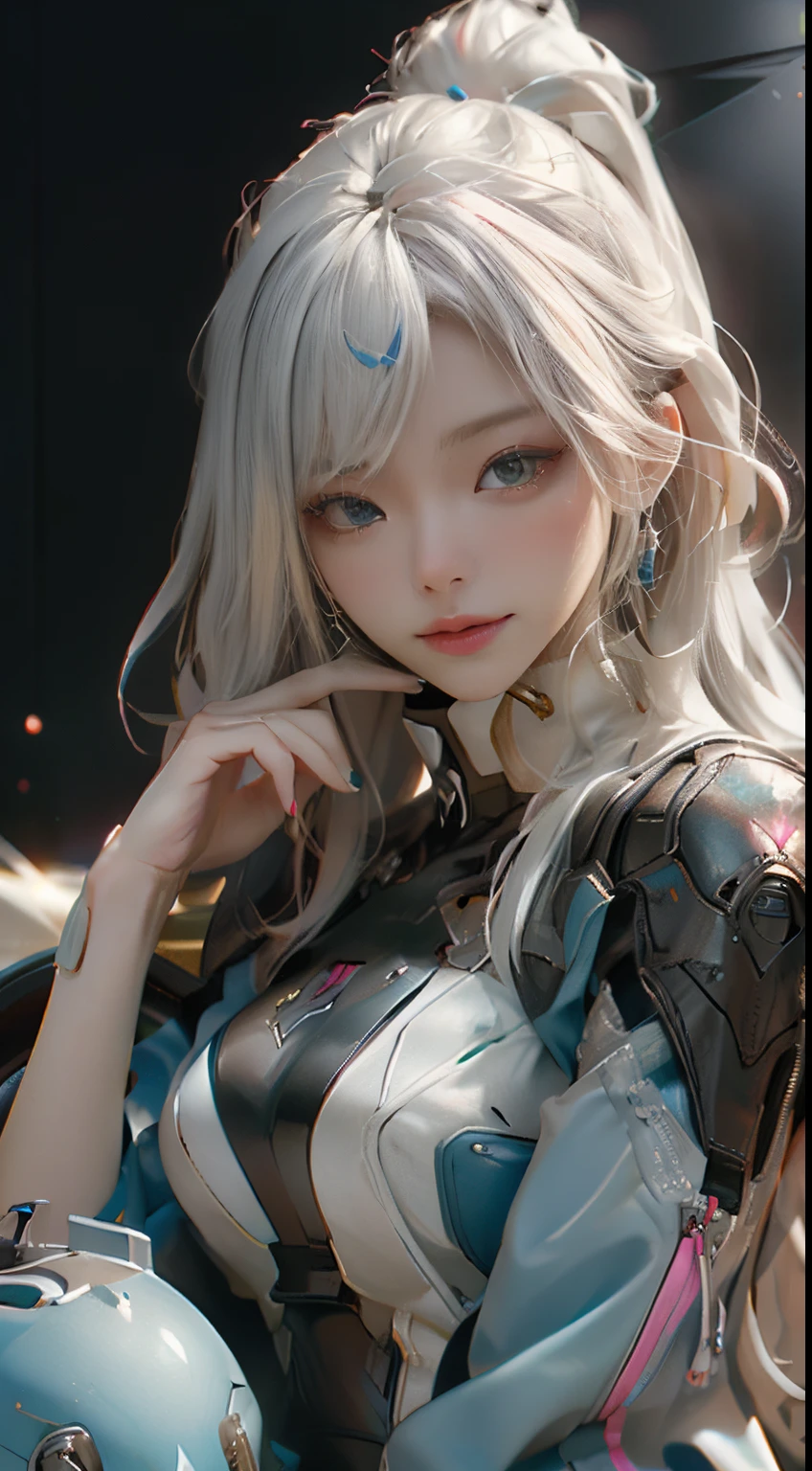 ((Best quality at best)), ((tmasterpiece)), (the detail:1.4), 3D, images of beautiful cyberpunk women,HighDynamicRange(HighDynamicRange),Ray traching,NVIDIA RTX,Hyper-Resolution,Unreal 5,sub surface scattering、PBR textures、White hair,incredibly long hair,ssmile,overlooks,电影灯光,sitting on the motorcycle,post-proces、Anisotropy Filtering、depth of fields、maximum definition and sharpness、Many-Layer Textures、Albedo e mapas Speculares、Surface Coloring、Accurately simulate the interaction of light with materials、proporções perfeitas、Octagonal rendering、Dichroic light、largeaperture、Low ISO、White balance、the rule of thirds、8K original、