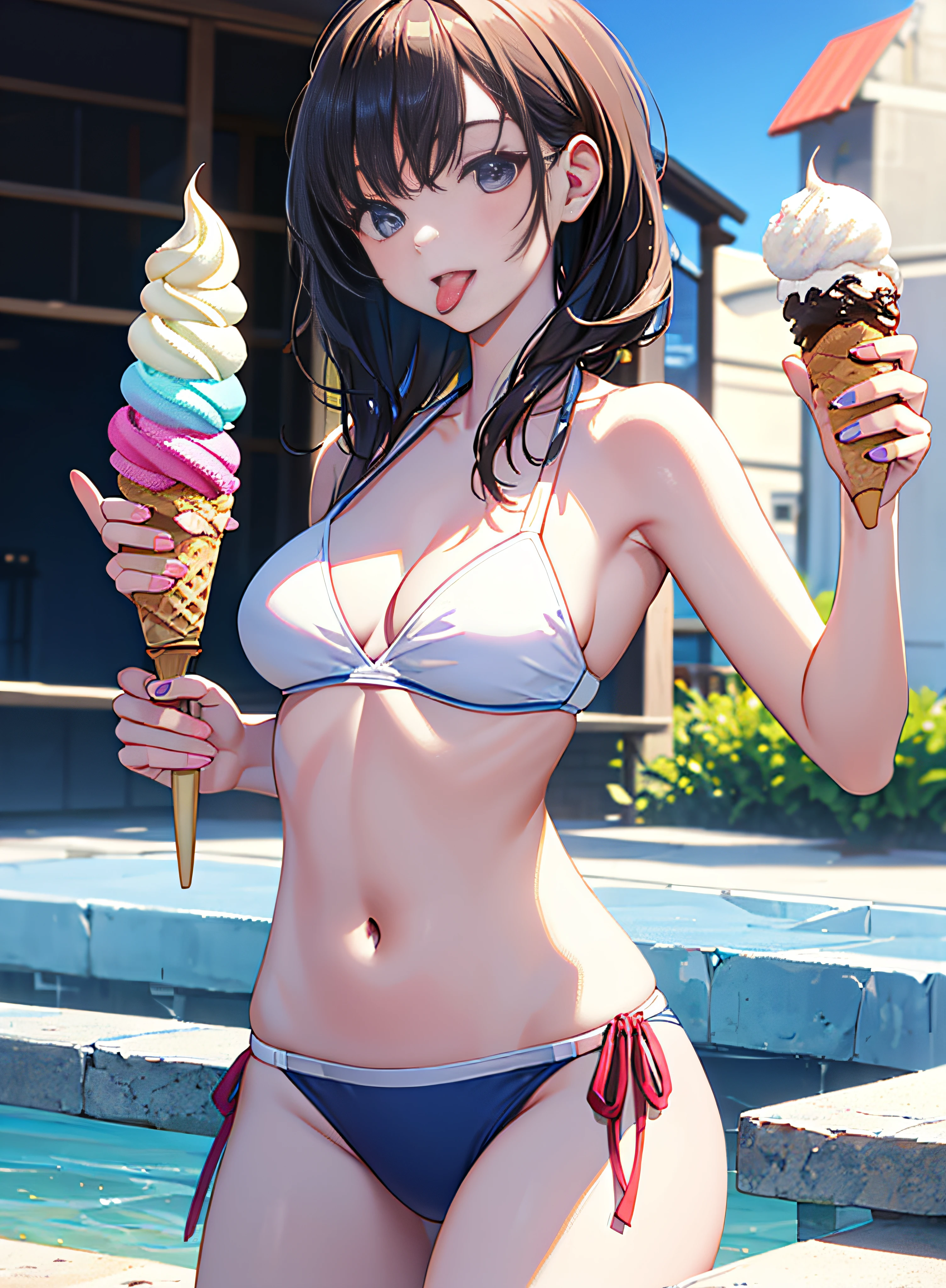 top-quality, masterpiece, 超A high resolution, 8K, Unripe, (photographrealistic:1.4), profetional lighting, foco nítido, 1 rapariga, (细致背景:1.5), slender, swim wears, The bikini, ngel, foods, tongue, eats, Licking the, Ice cream, ice cream cone,
