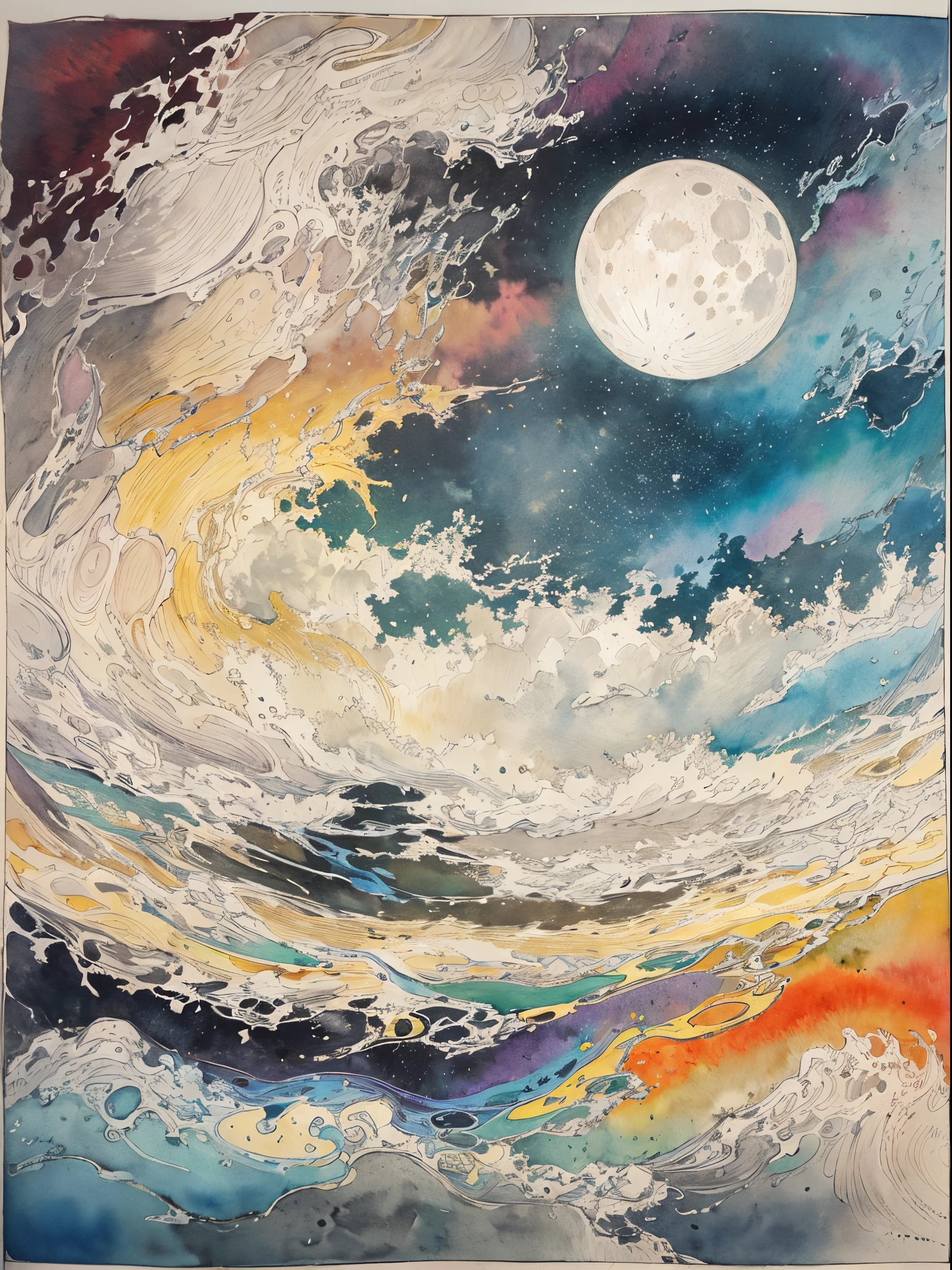 The moon is thinly covered by clouds, and the moonlight shines through the clouds in a halo-like rainbow ring. The world is enveloped in a sacred atmosphere.(Ink on Japanese paper, which tends to bleed easily)(contemporary art like a picture book) (transparent watercolor) (light itself expressed as real) (layers of soft, rich colors) (shades of paint dissolved thinly with water) (deep, delicate colors)
