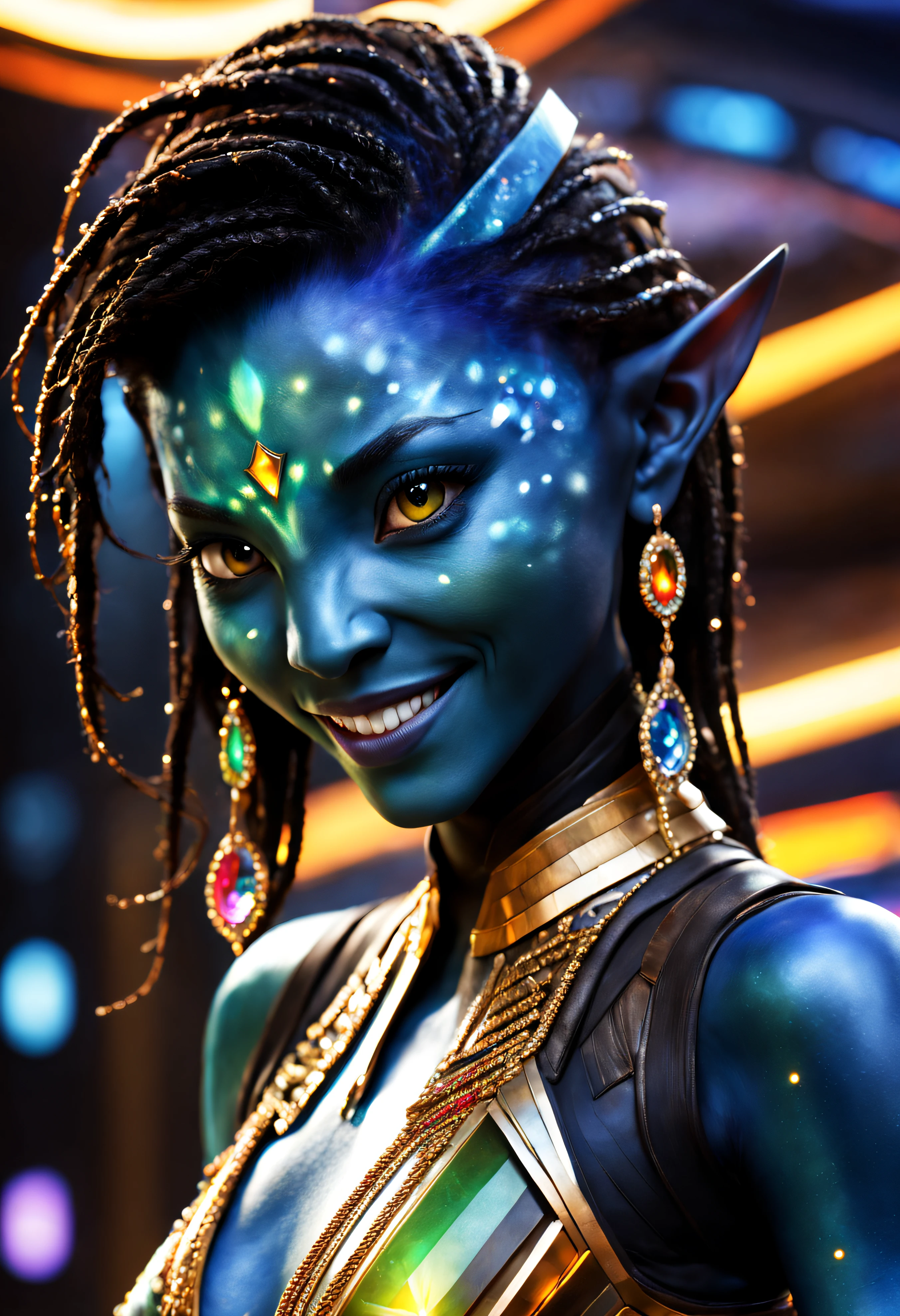 (cuerpo completo) imagen fotorealista, naytiri de avatar,sonriente,ojos verdosos, pelo negro corto , vestida con traje de noche corto con incrustaciones de oro refulgente, piedras preciosas de colores brillantes y diamantes, ((se encuentra en centro de control de estacion espacial). hiperrealista, maxima tinidez de imagen, colores vibrantes. estilo cinematografico.imagen fotorealista,(renderizado 3d).