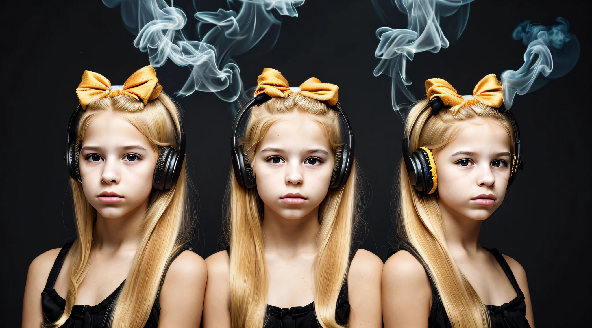 two BLONDE girls with bows on their heads and one wearing a BLACK dress, HEADPHONES FIRE AND FIRE. smoke billowing, gemini twins portrait, faixa de cabelo AMARELO,