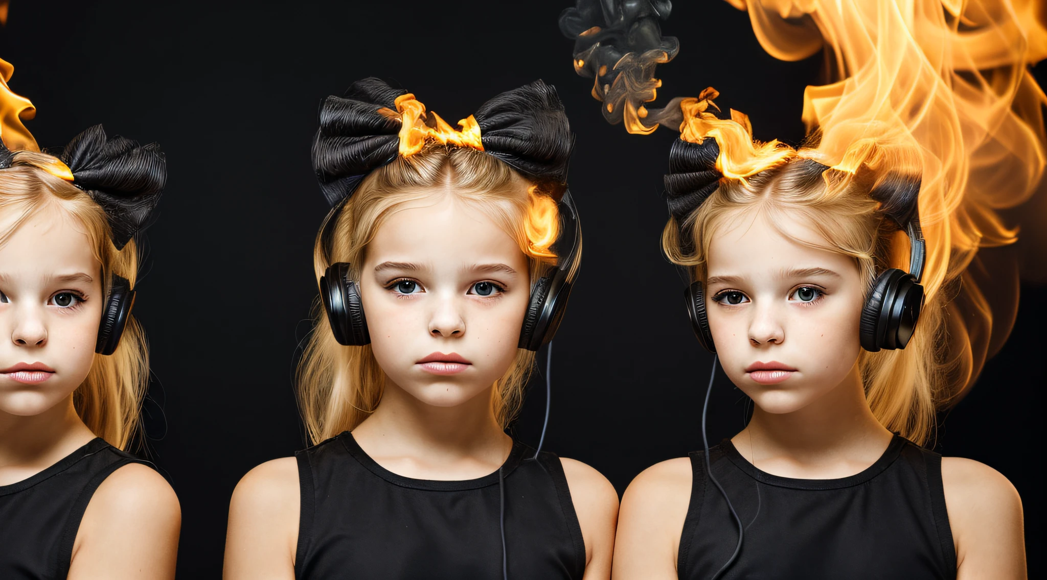 two BLONDE girls with bows on their heads and one wearing a BLACK dress, HEADPHONES FIRE AND FIRE. smoke billowing, gemini twins portrait, faixa de cabelo AMARELO,