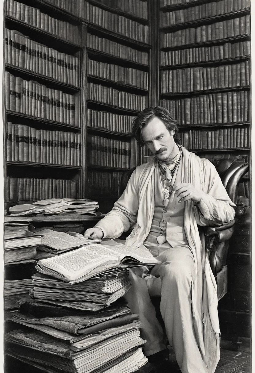 A photo of Remus sitting in a quiet corner of the Hogwarts library, surrounded by a stack of books and parchment, deep in thought while scribbling notes in a worn leather journal.,Harry Potter and the Prisoner of Azkaban,Remus has light brown hair, wears shabby robes, and has a claw scar across his face. Famously portrayed by David Thewlis