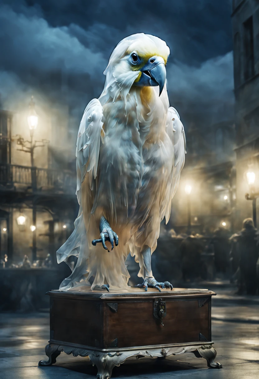 a hyperrealism photo of a ghost parrot (made out of ghost:1.6) sitting on a jewels chest, medieval, at night, 8k, high quality, surreal,