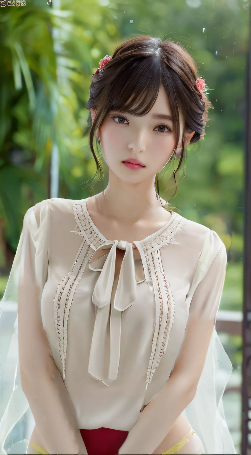 (masterpiece, Highest Quality:1.2), (Raw-Photo, Photorealistic, Photorealistic: 1.3), (8K, high resolucion, Ultra-detailed: 1.2), 1Girl, (perfect anatomia), (Focus on the face, Viewer's Perspective), (Korean beauties, K-Pop Idol), (detailed eyebrows, Realistic beautiful eyes, Realistic glossy skin, Beautiful handsome face with details:1.2), bangss,Thin blouse, (Slender and small breasts, thin-waist: 1.3), navels, (realistic cinematic lighting, Detailed shadowing:1.2), plein air, park, Rose blossom, Sorrisos, scare,watery eyes, blouse