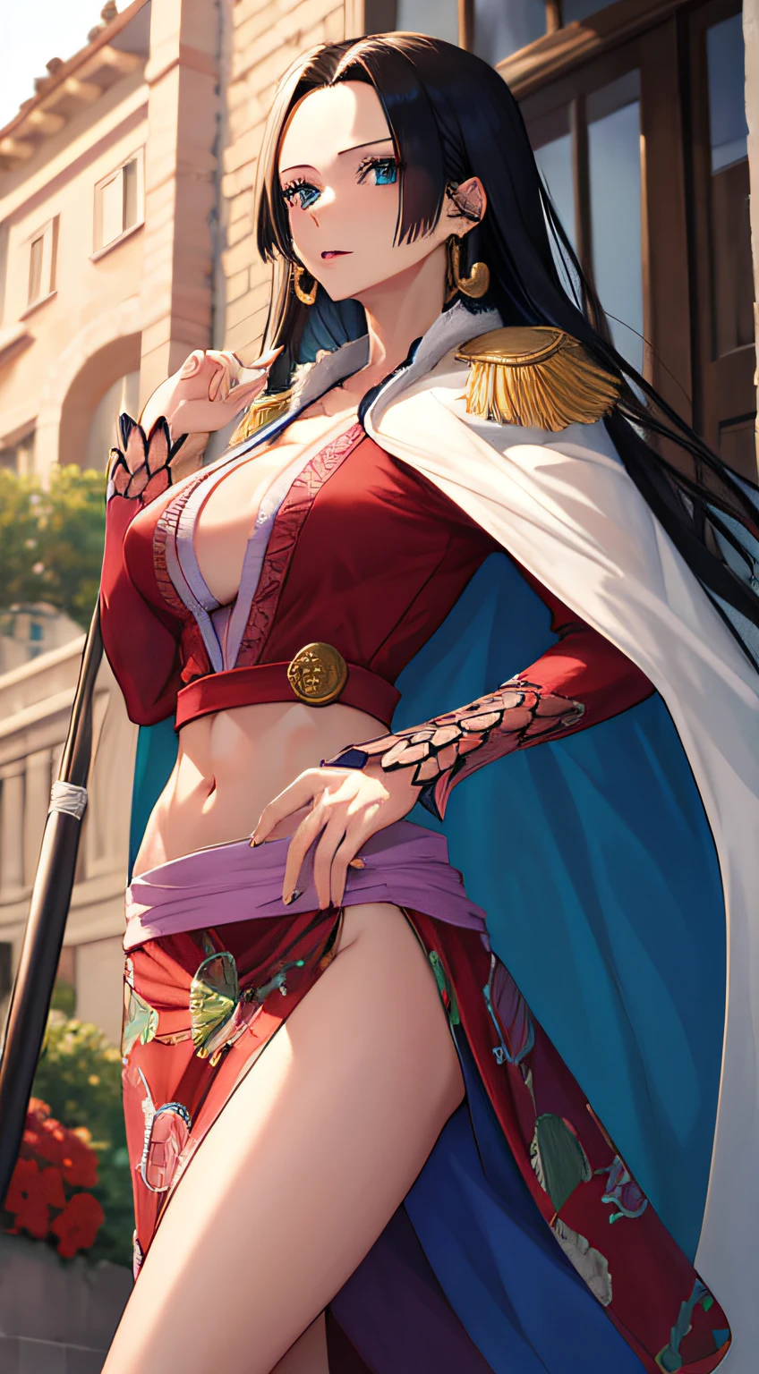 masterpiece, best quality, highres, hancock1, boa hancock, large breasts, epaulettes, cape, crop top, side slit, , stading, outdoors,